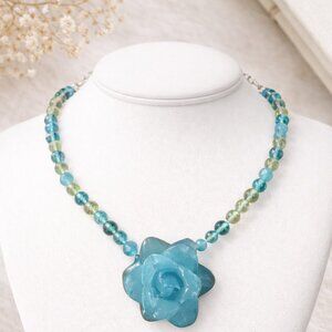 Artisan Beaded Necklace with Carved Blue Flower & Heart Charm